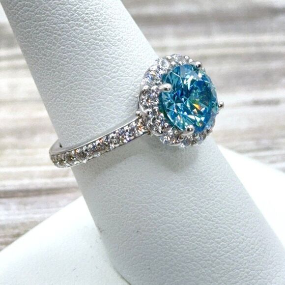 Sterling Silver Ring Sky Blue CZ Faceted Solitaire Halo Clear CZ Size 7.75 Prong - Picture 5 of 14